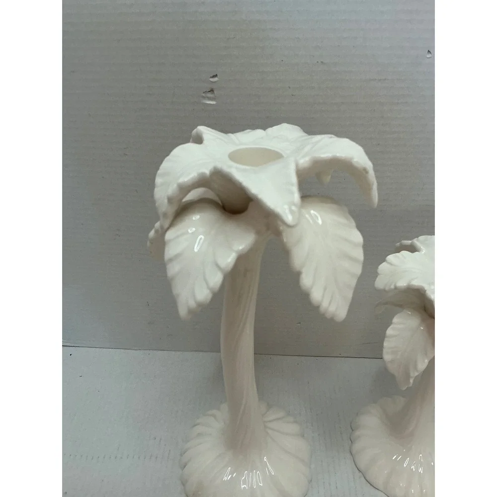 Fitz and Floyd Vintage Palm Tree Candle Holders White Ceramic Tropical Set of 2